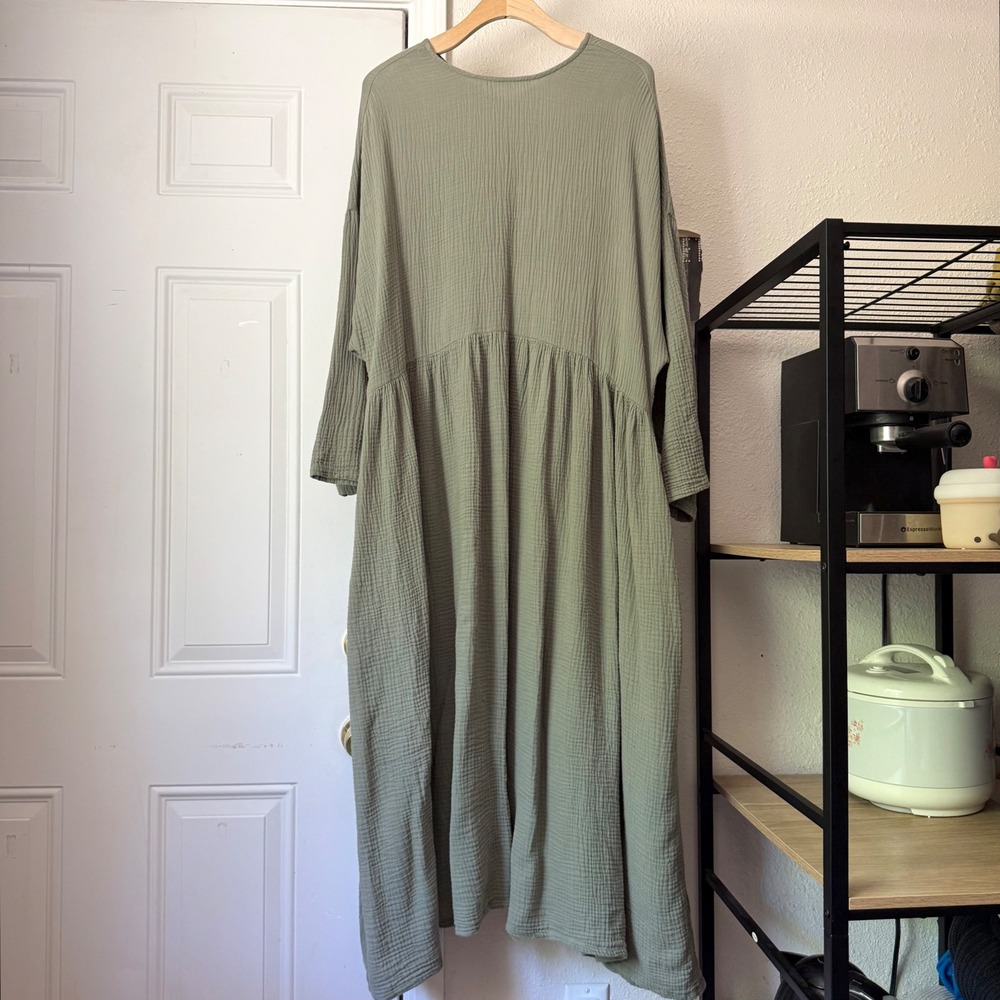 APRIL MEETS OCTOBER sage green cotton gauze babydoll long sleeve midi dress